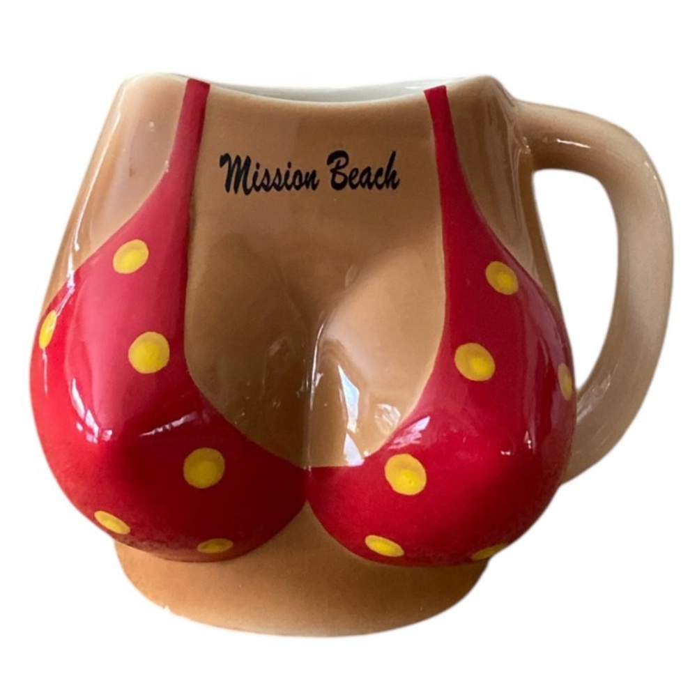 Mission Beach Red and Tan Novelty Bikini Top Ceramic Mug 16oz